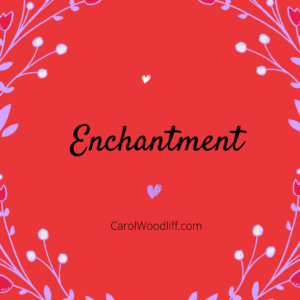 Enchantment text on red background with hearts