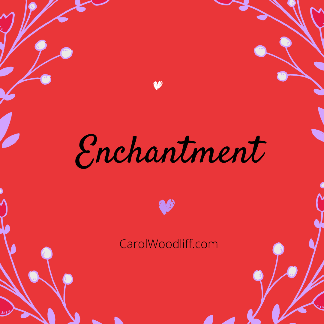 Enchantment text on red background with hearts